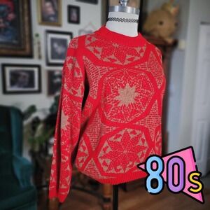 Burlington Factory Knit Sweater Vintage 80s Red Geometric Holiday Ornate Women